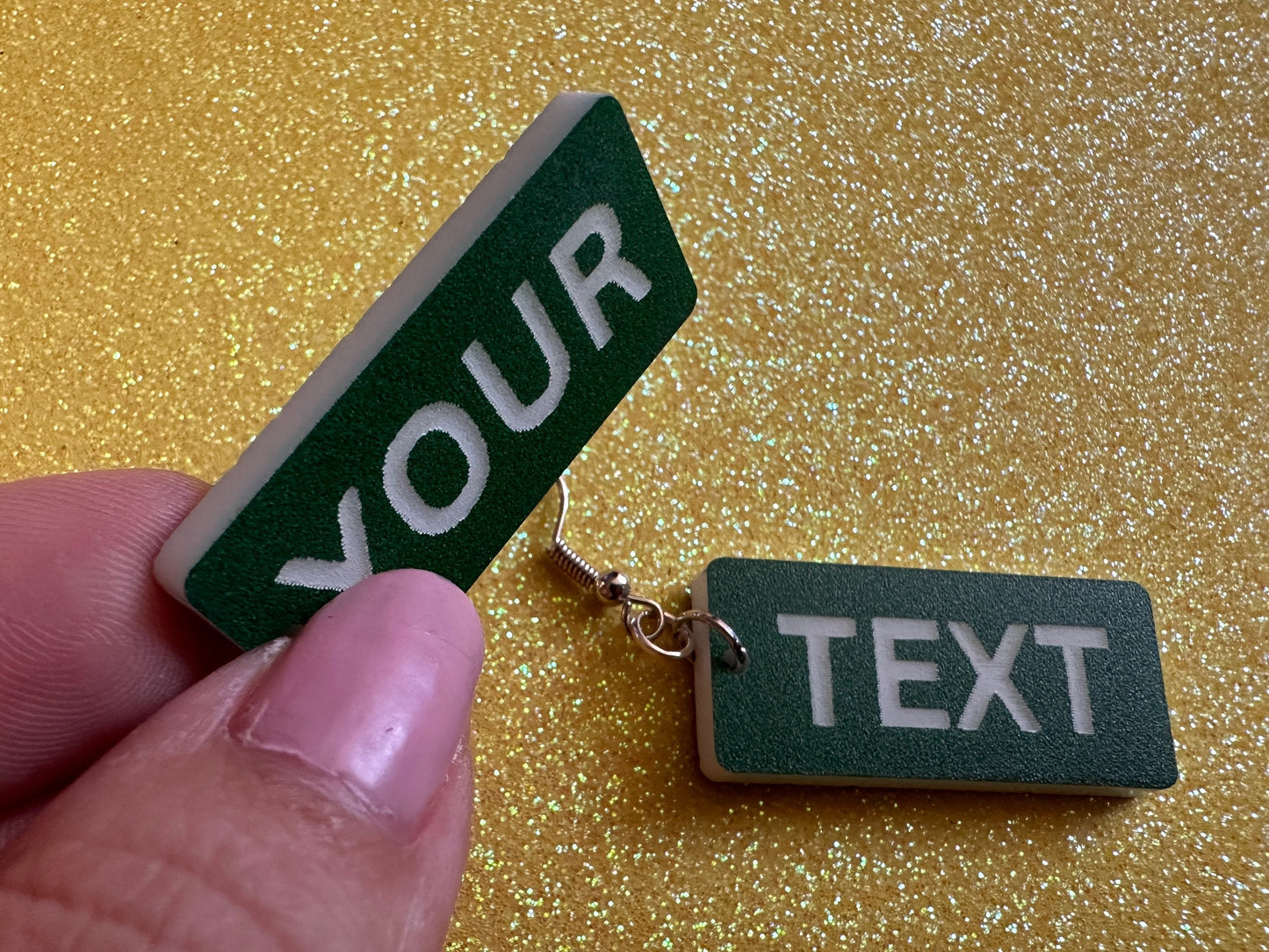 Custom Text Earrings: Laser Engraved Words, Green with White Text, Letters, Names, Teacher Gift, Anniversary, Best Gifts for Her/Him/Them