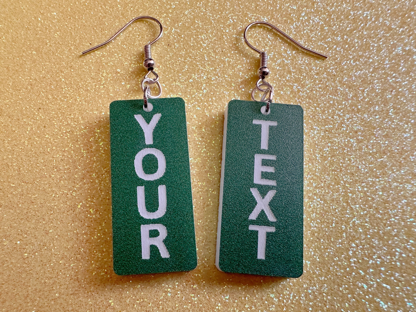 Custom Text Earrings: Laser Engraved Words, Green with White Text, Letters, Names, Teacher Gift, Anniversary, Best Gifts for Her/Him/Them