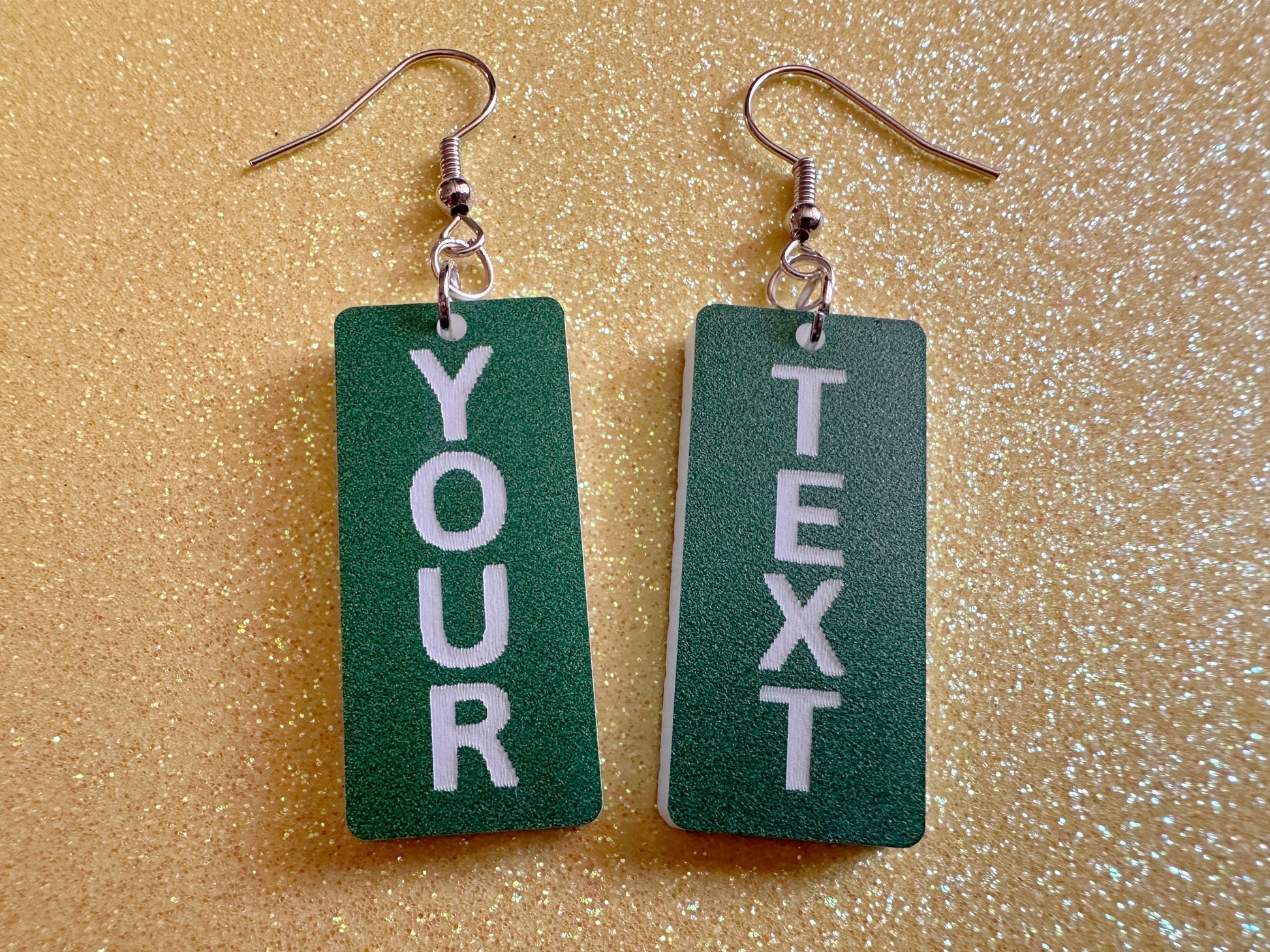 Custom Text Earrings: Laser Engraved Words, Green with White Text, Letters, Names, Teacher Gift, Anniversary, Best Gifts for Her/Him/Them