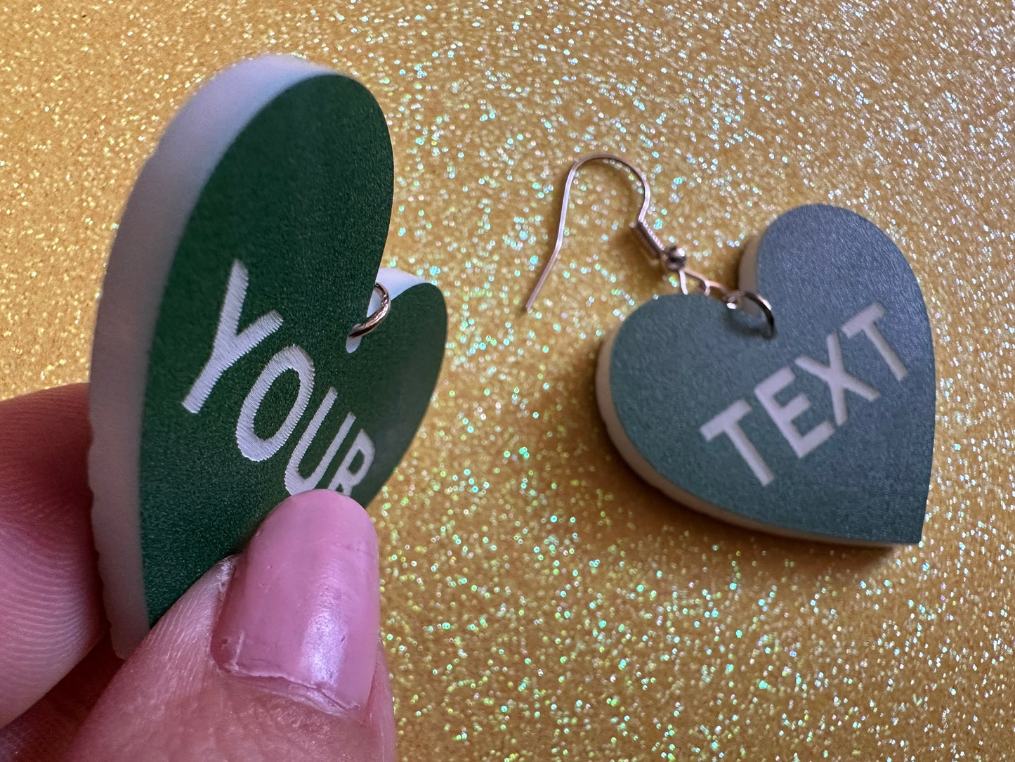 Custom Text Earrings: Laser Engraved Words, Green with White Text, Letters, Names, Teacher Gift, Anniversary, Best Gifts for Her/Him/Them