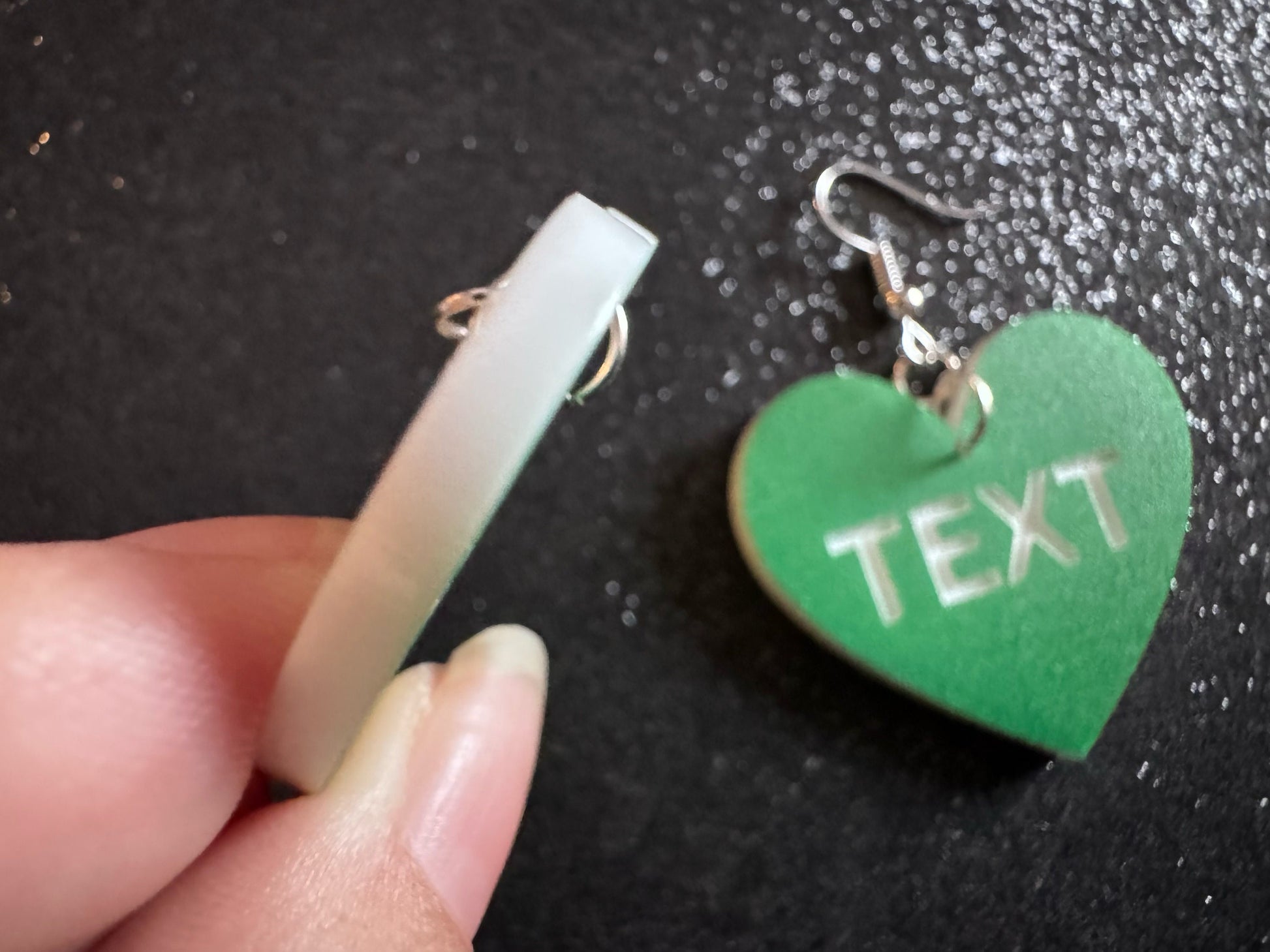 Custom Text Earrings: Laser Engraved Words, Green with White Text, Letters, Names, Teacher Gift, Anniversary, Best Gifts for Her/Him/Them