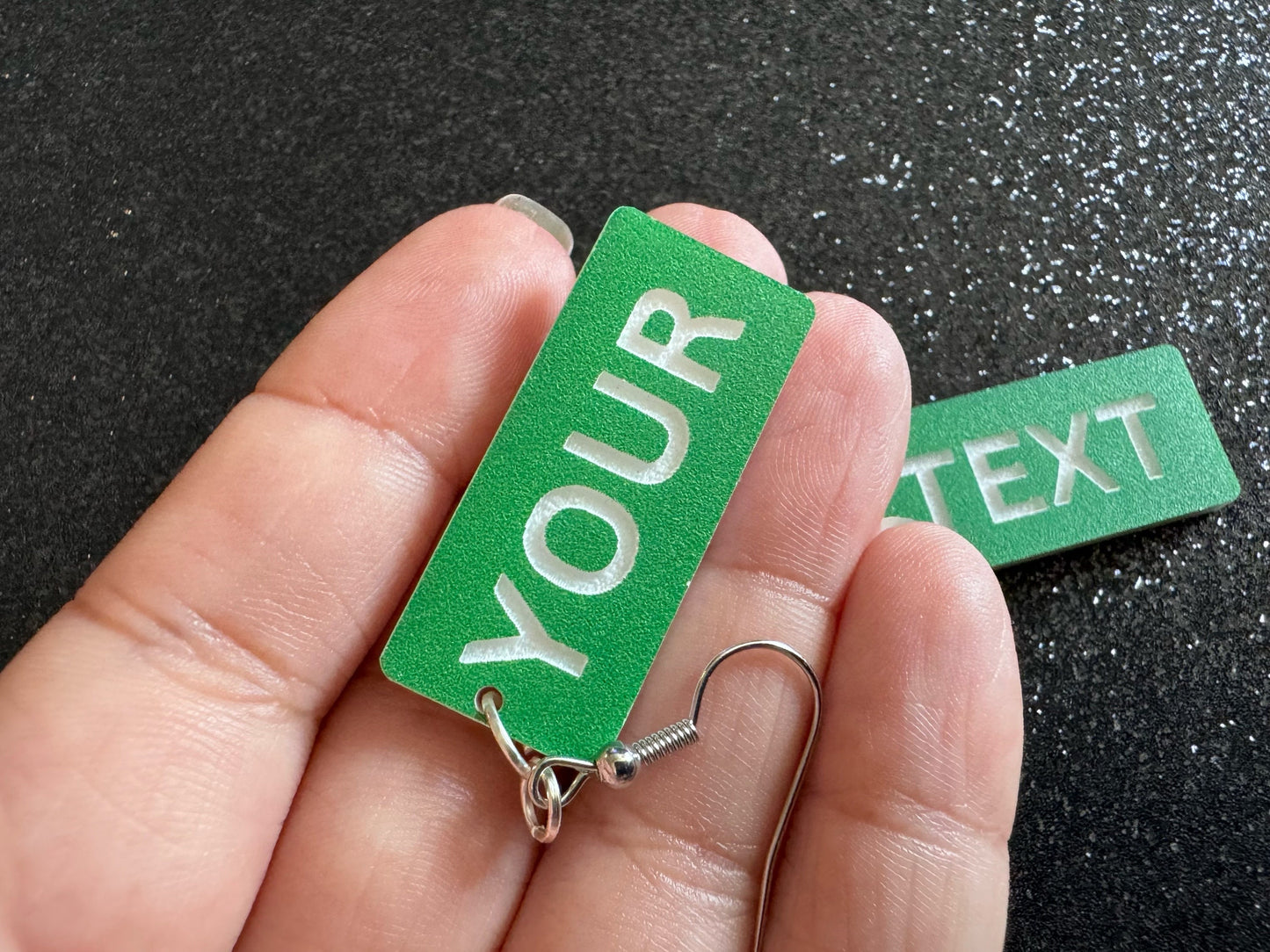 Custom Text Earrings: Laser Engraved Words, Green with White Text, Letters, Names, Teacher Gift, Anniversary, Best Gifts for Her/Him/Them