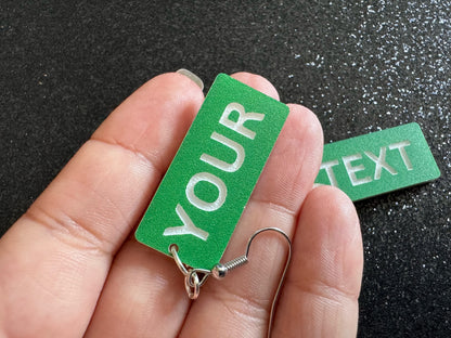 Custom Text Earrings: Laser Engraved Words, Green with White Text, Letters, Names, Teacher Gift, Anniversary, Best Gifts for Her/Him/Them