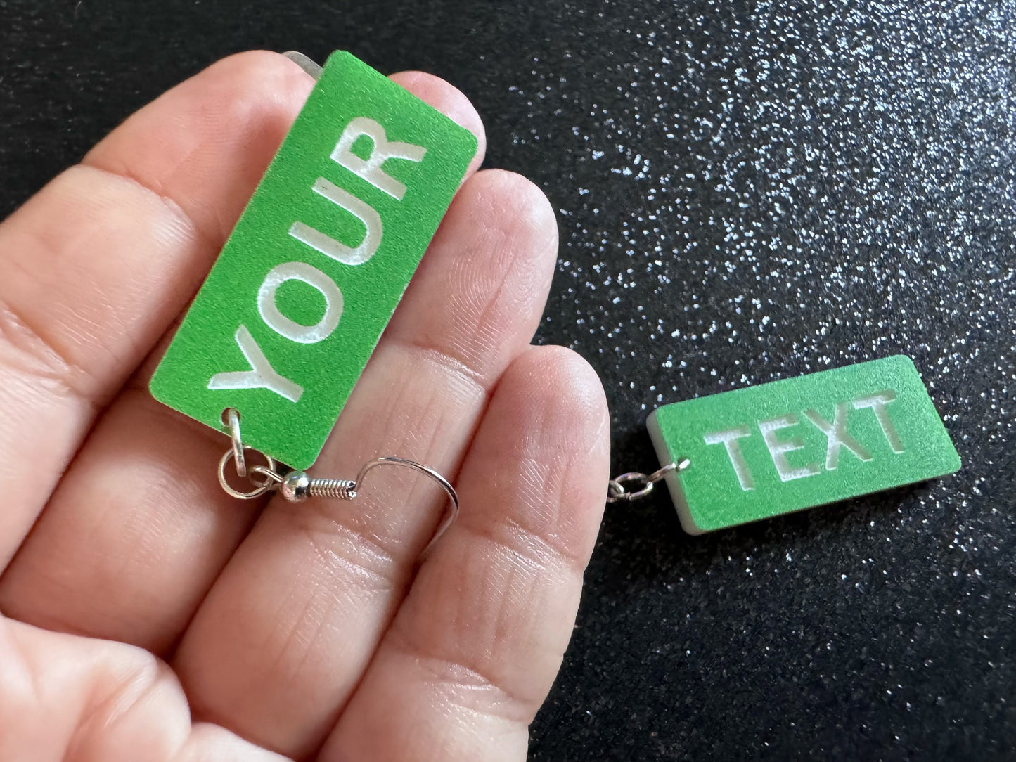 Custom Text Earrings: Laser Engraved Words, Green with White Text, Letters, Names, Teacher Gift, Anniversary, Best Gifts for Her/Him/Them