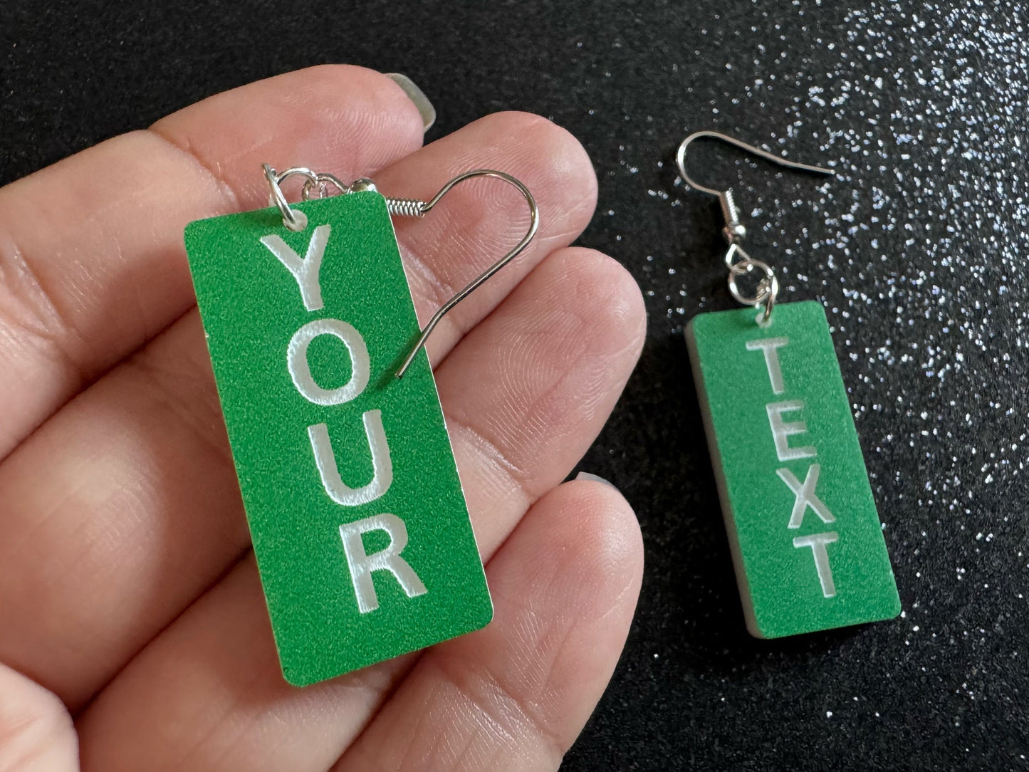 Custom Text Earrings: Laser Engraved Words, Green with White Text, Letters, Names, Teacher Gift, Anniversary, Best Gifts for Her/Him/Them