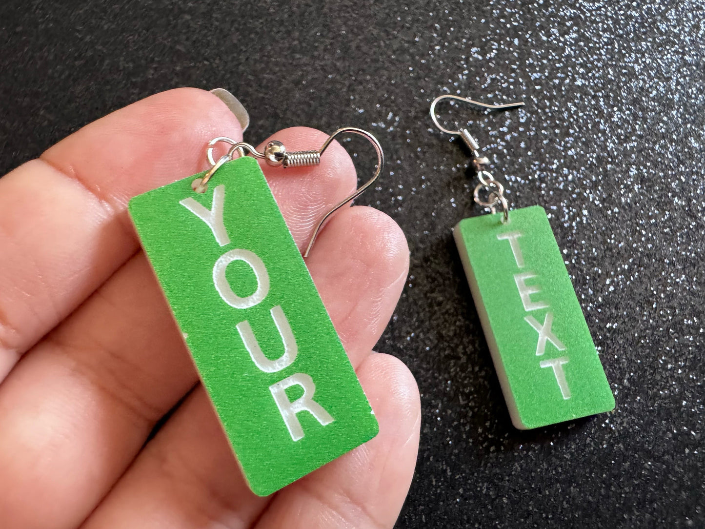 Custom Text Earrings: Laser Engraved Words, Green with White Text, Letters, Names, Teacher Gift, Anniversary, Best Gifts for Her/Him/Them