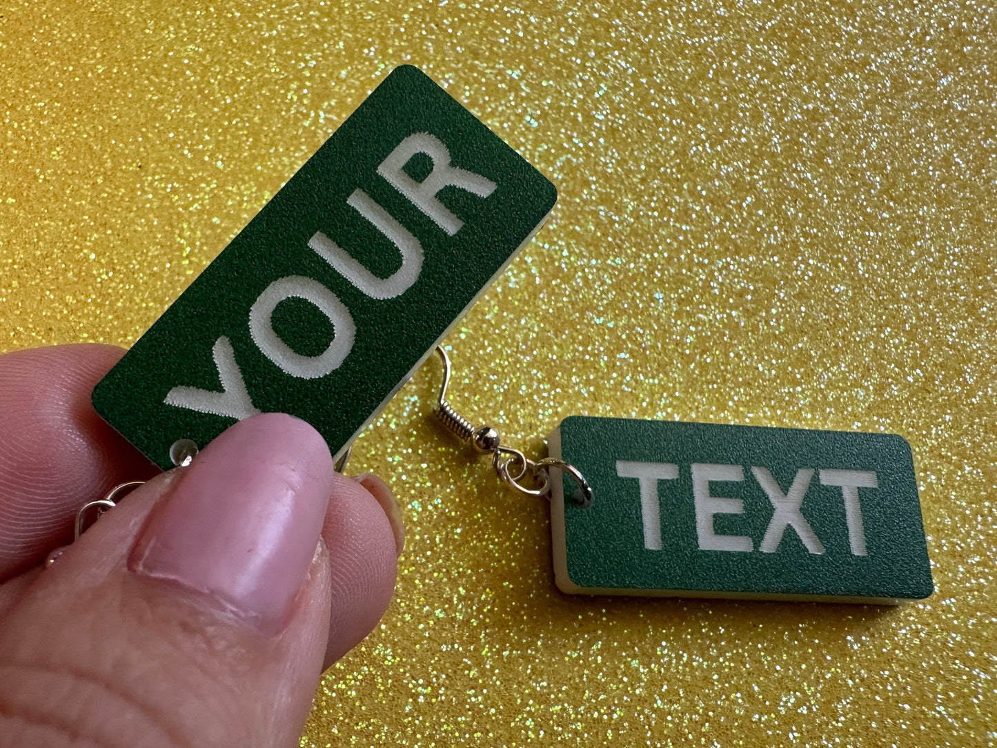 Custom Text Earrings: Laser Engraved Words, Green with White Text, Letters, Names, Teacher Gift, Anniversary, Best Gifts for Her/Him/Them