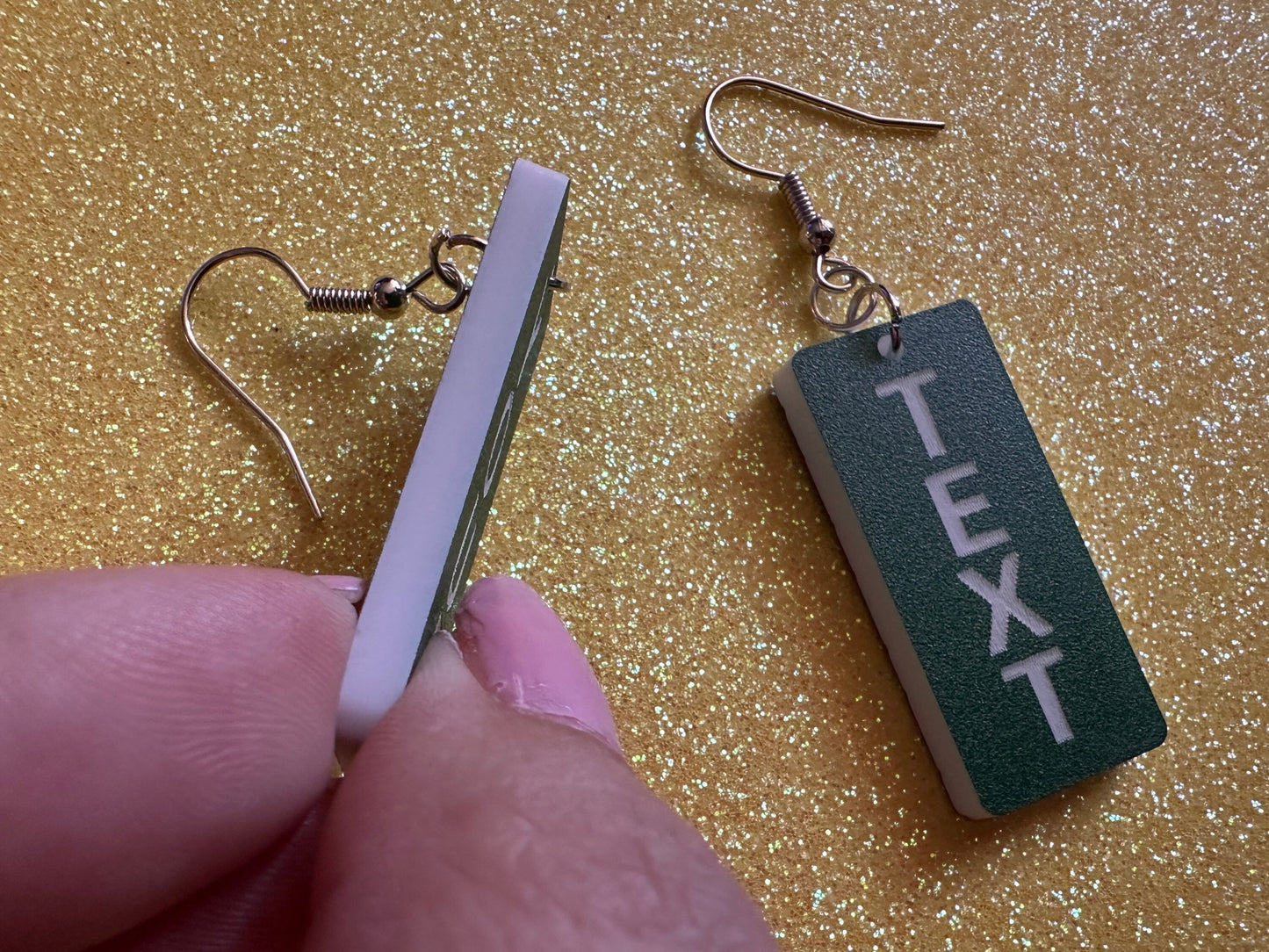 Custom Text Earrings: Laser Engraved Words, Green with White Text, Letters, Names, Teacher Gift, Anniversary, Best Gifts for Her/Him/Them