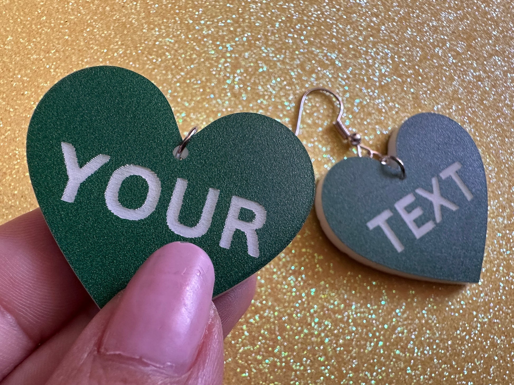 Custom Text Earrings: Laser Engraved Words, Green with White Text, Letters, Names, Teacher Gift, Anniversary, Best Gifts for Her/Him/Them