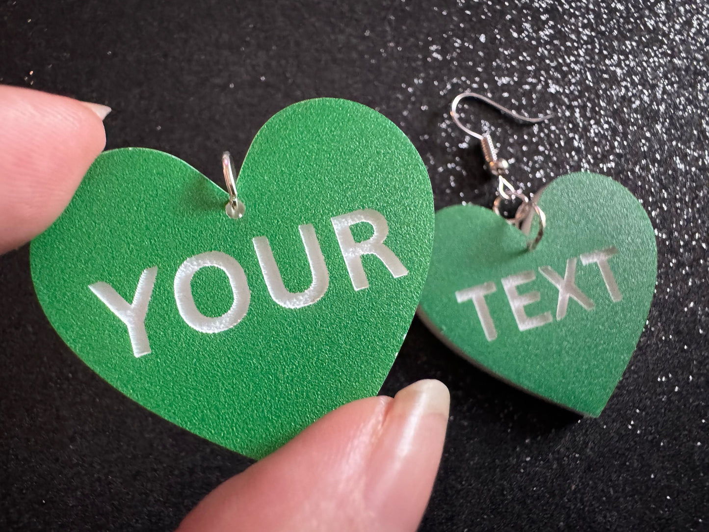 Custom Text Earrings: Laser Engraved Words, Green with White Text, Letters, Names, Teacher Gift, Anniversary, Best Gifts for Her/Him/Them