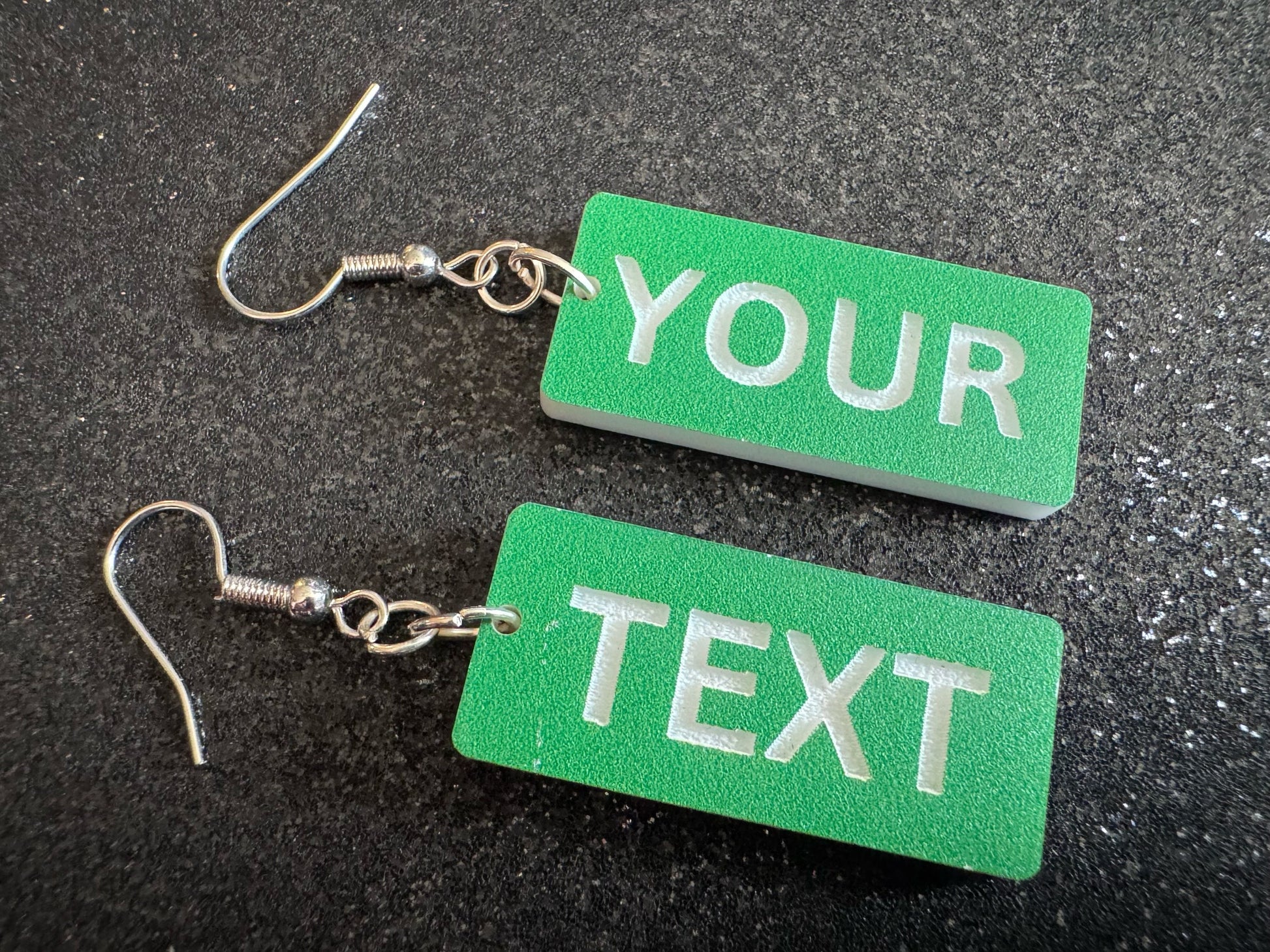 Custom Text Earrings: Laser Engraved Words, Green with White Text, Letters, Names, Teacher Gift, Anniversary, Best Gifts for Her/Him/Them