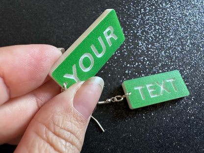 Custom Text Earrings: Laser Engraved Words, Green with White Text, Letters, Names, Teacher Gift, Anniversary, Best Gifts for Her/Him/Them