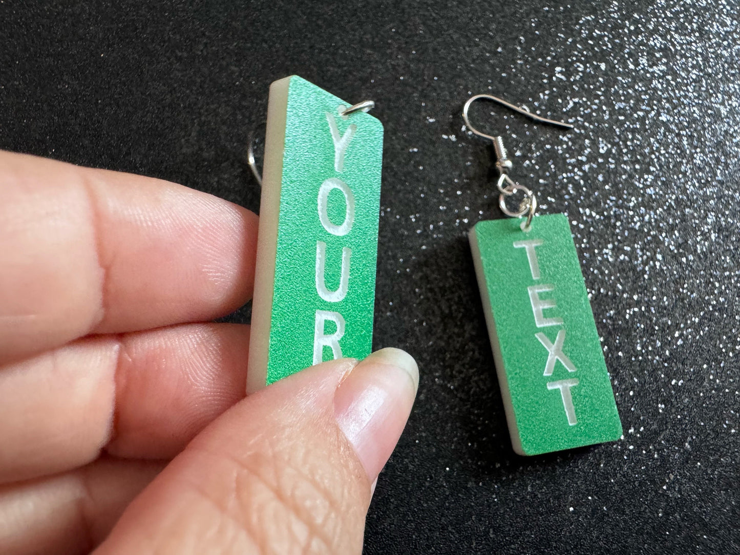 Custom Text Earrings: Laser Engraved Words, Green with White Text, Letters, Names, Teacher Gift, Anniversary, Best Gifts for Her/Him/Them