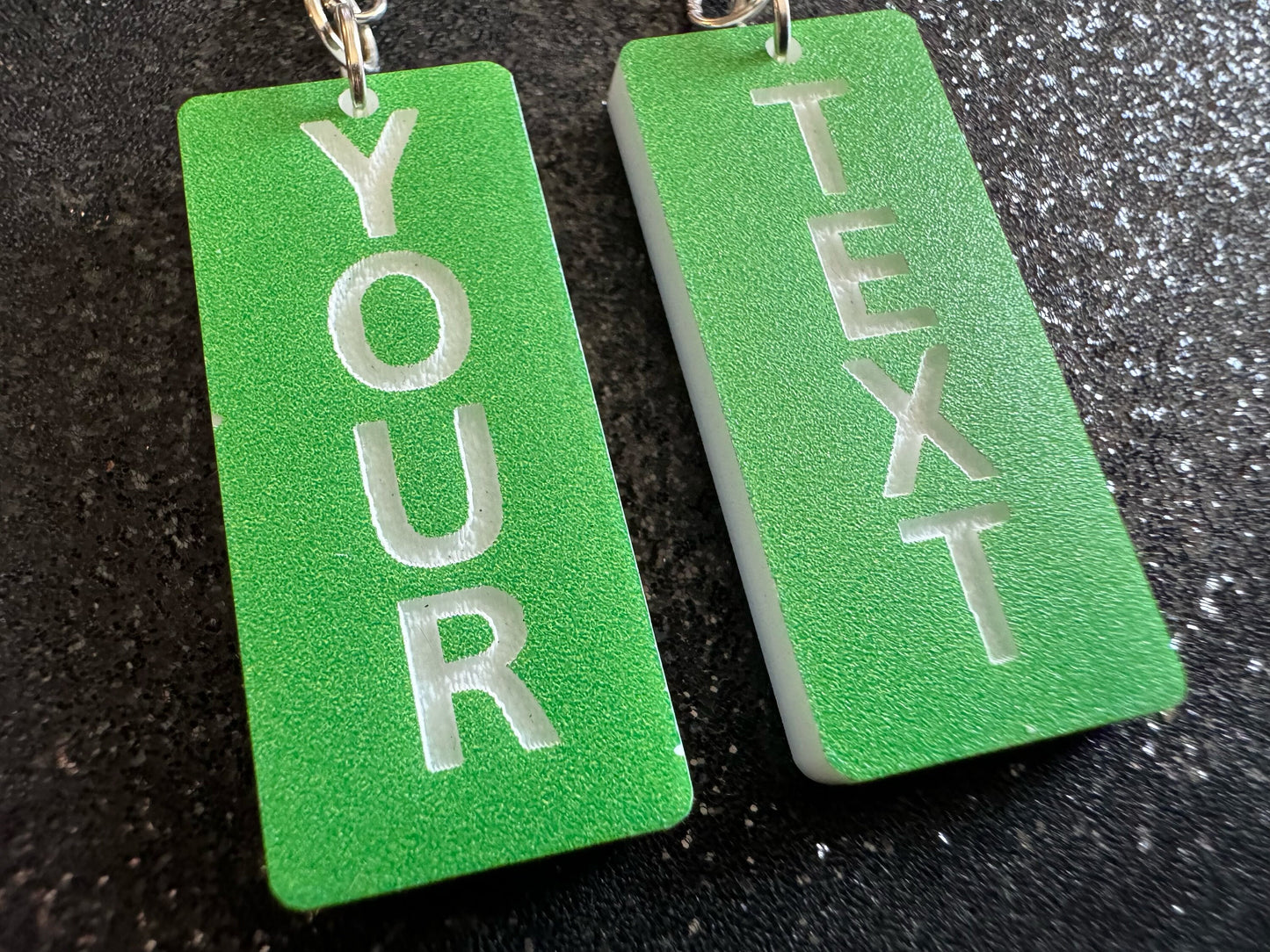 Custom Text Earrings: Laser Engraved Words, Green with White Text, Letters, Names, Teacher Gift, Anniversary, Best Gifts for Her/Him/Them