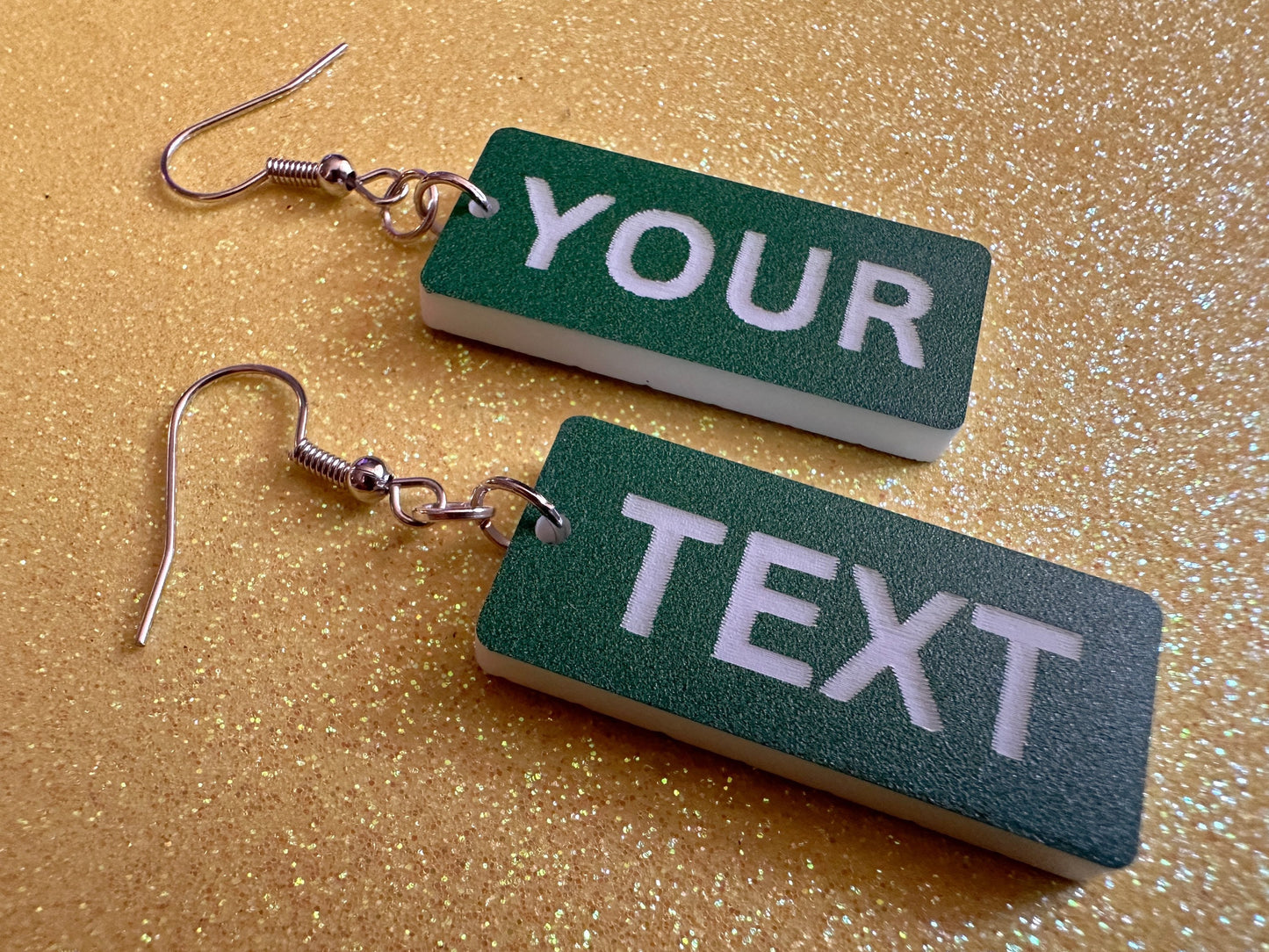 Custom Text Earrings: Laser Engraved Words, Green with White Text, Letters, Names, Teacher Gift, Anniversary, Best Gifts for Her/Him/Them