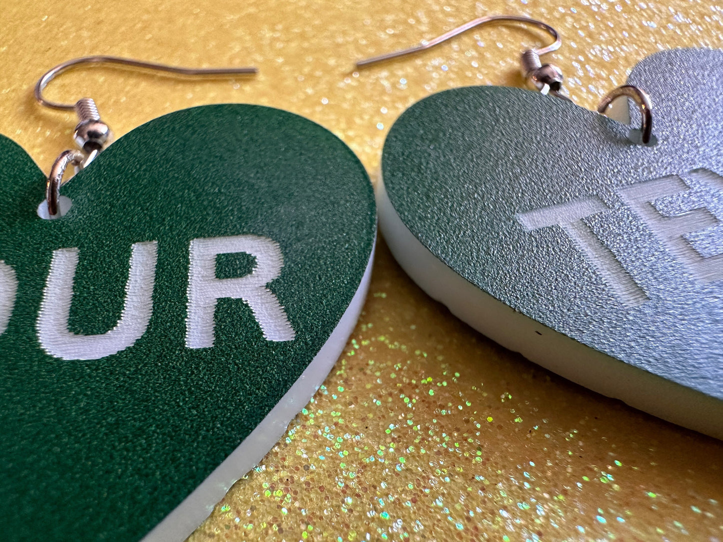 Custom Text Earrings: Laser Engraved Words, Green with White Text, Letters, Names, Teacher Gift, Anniversary, Best Gifts for Her/Him/Them