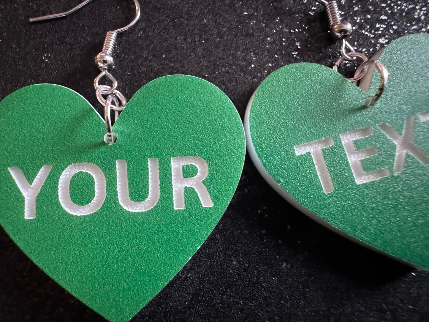 Custom Text Earrings: Laser Engraved Words, Green with White Text, Letters, Names, Teacher Gift, Anniversary, Best Gifts for Her/Him/Them
