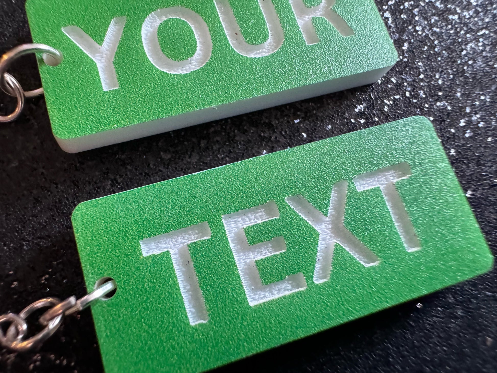 Custom Text Earrings: Laser Engraved Words, Green with White Text, Letters, Names, Teacher Gift, Anniversary, Best Gifts for Her/Him/Them