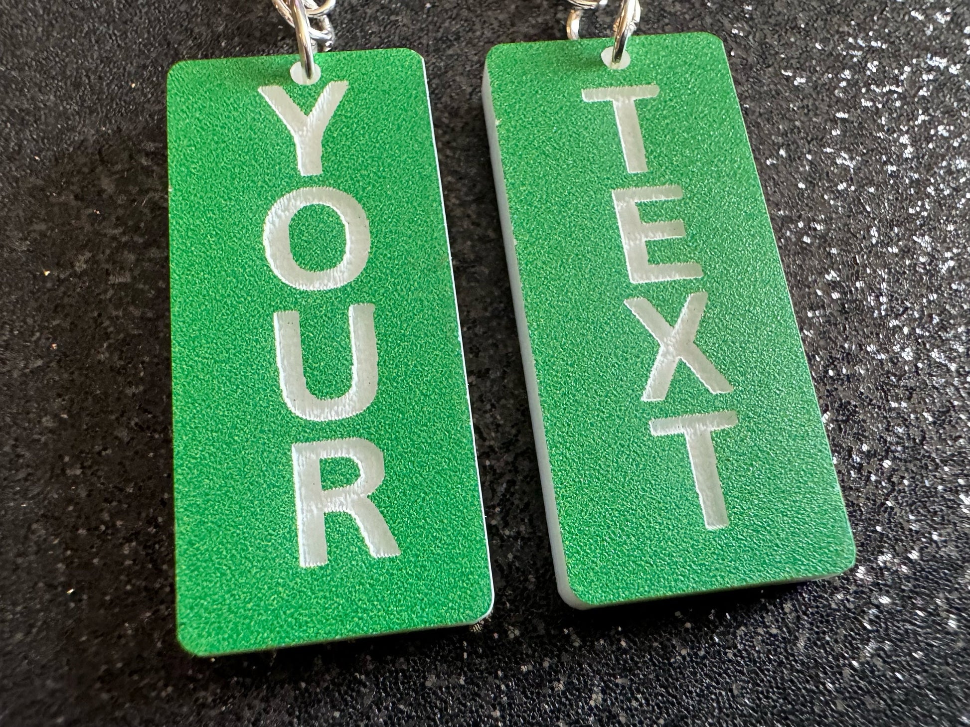 Custom Text Earrings: Laser Engraved Words, Green with White Text, Letters, Names, Teacher Gift, Anniversary, Best Gifts for Her/Him/Them