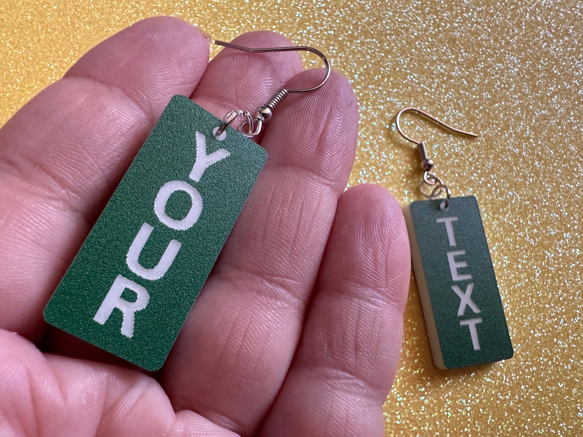 Custom Text Earrings: Laser Engraved Words, Green with White Text, Letters, Names, Teacher Gift, Anniversary, Best Gifts for Her/Him/Them