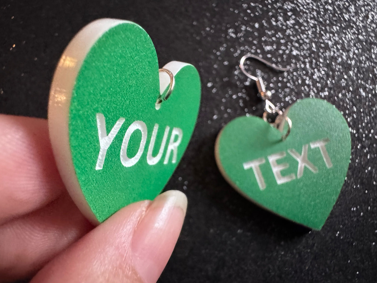 Custom Text Earrings: Laser Engraved Words, Green with White Text, Letters, Names, Teacher Gift, Anniversary, Best Gifts for Her/Him/Them