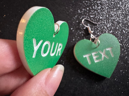 Custom Text Earrings: Laser Engraved Words, Green with White Text, Letters, Names, Teacher Gift, Anniversary, Best Gifts for Her/Him/Them