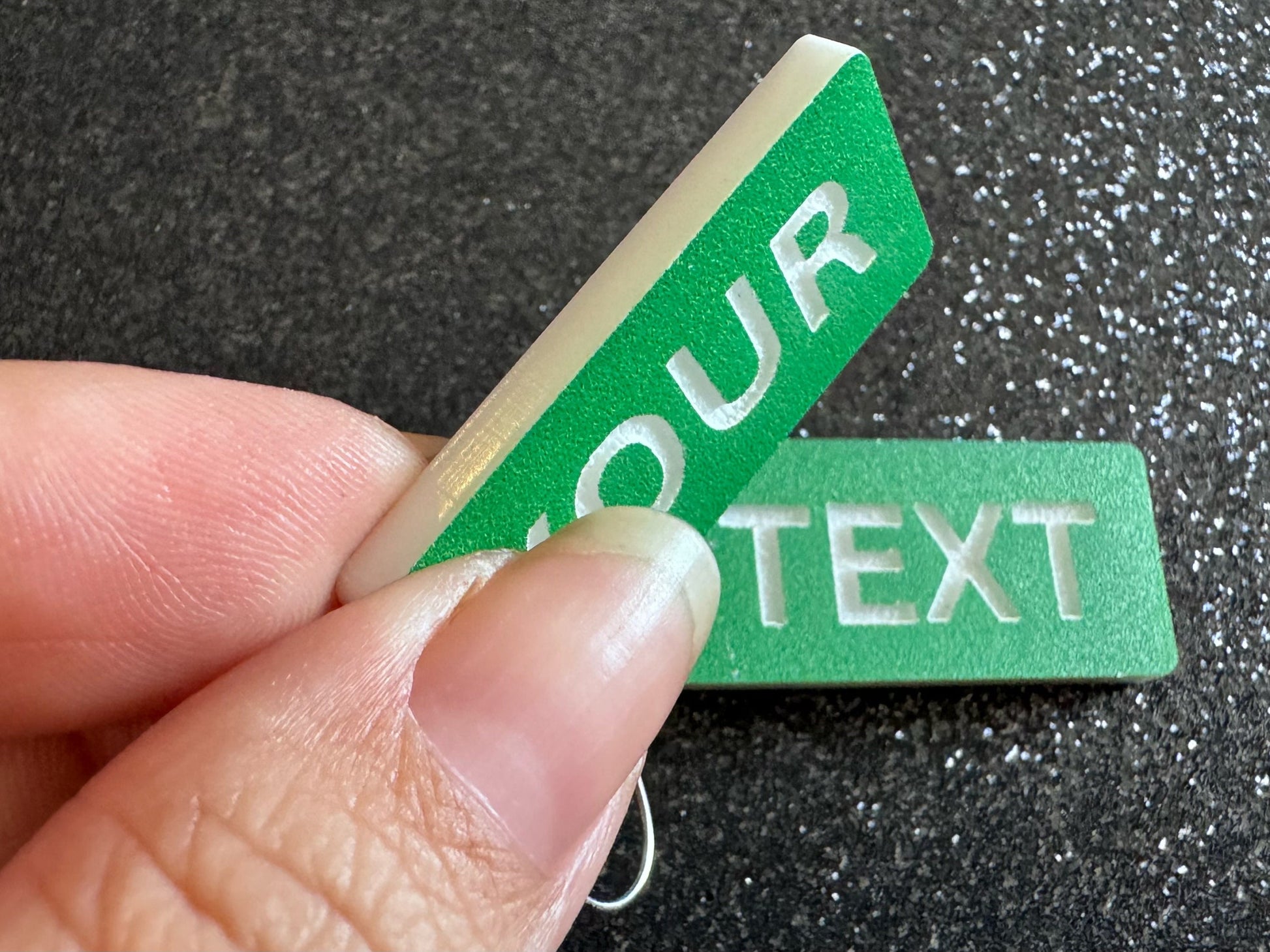 Custom Text Earrings: Laser Engraved Words, Green with White Text, Letters, Names, Teacher Gift, Anniversary, Best Gifts for Her/Him/Them