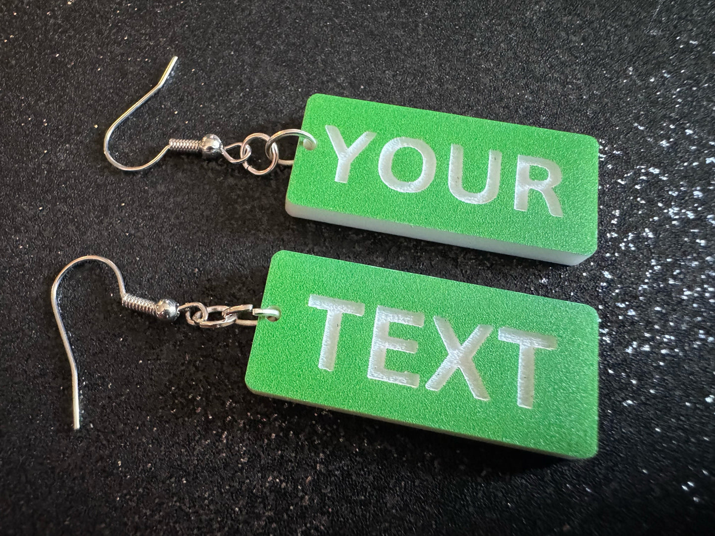Custom Text Earrings: Laser Engraved Words, Green with White Text, Letters, Names, Teacher Gift, Anniversary, Best Gifts for Her/Him/Them