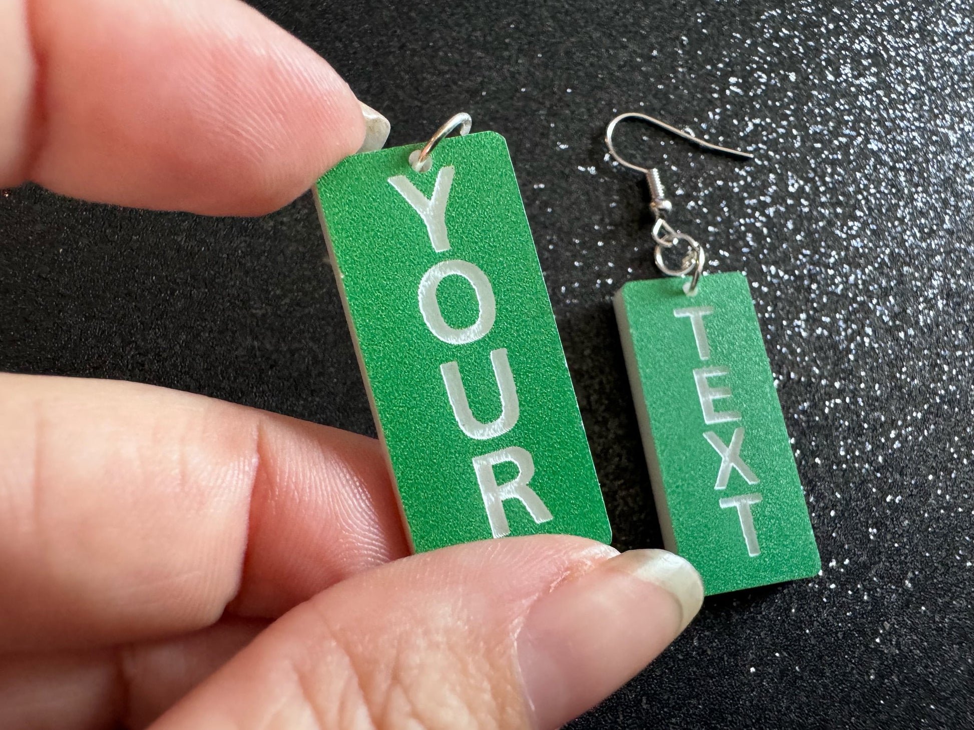 Custom Text Earrings: Laser Engraved Words, Green with White Text, Letters, Names, Teacher Gift, Anniversary, Best Gifts for Her/Him/Them