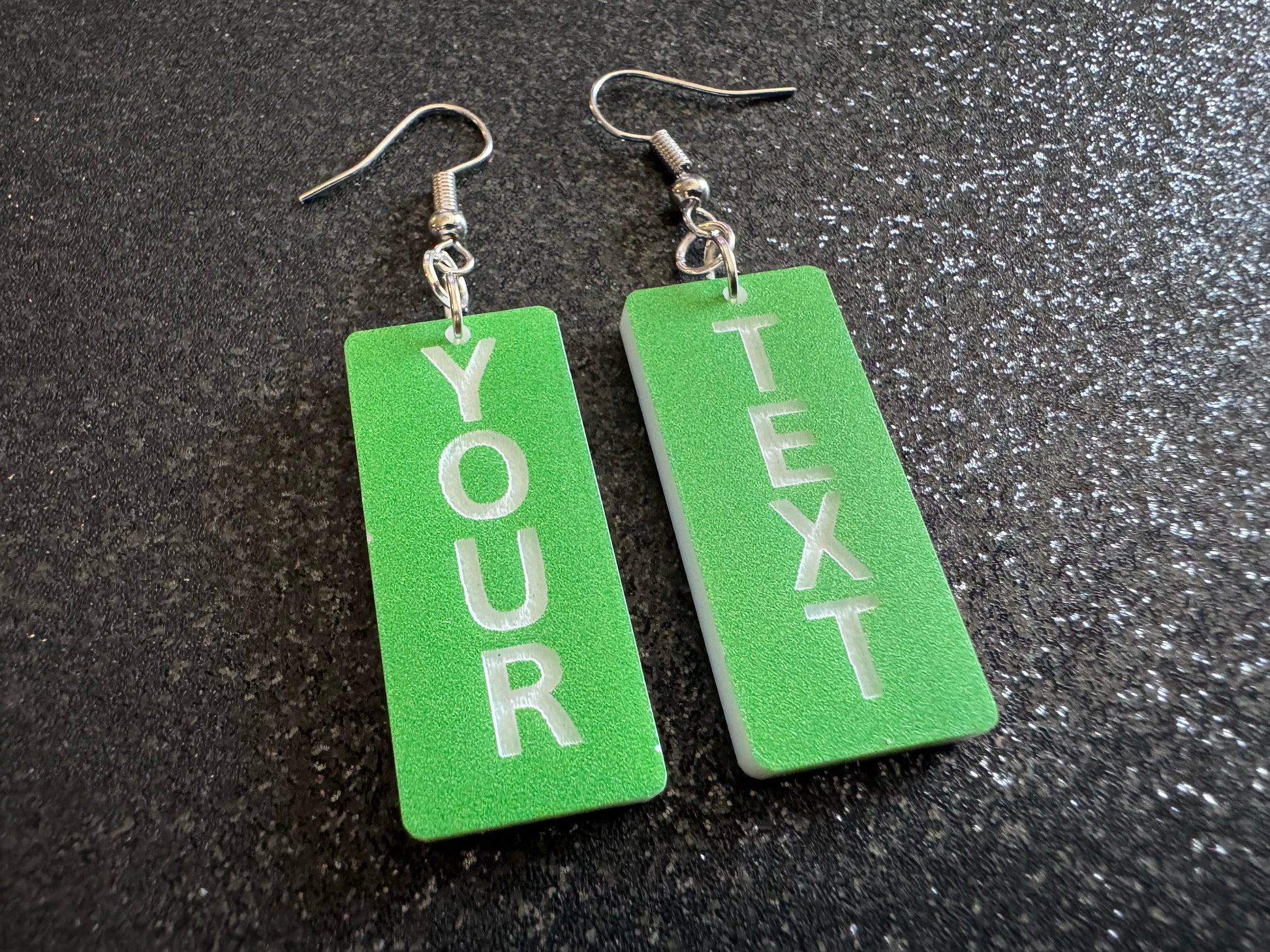Custom Text Earrings: Laser Engraved Words, Green with White Text, Letters, Names, Teacher Gift, Anniversary, Best Gifts for Her/Him/Them