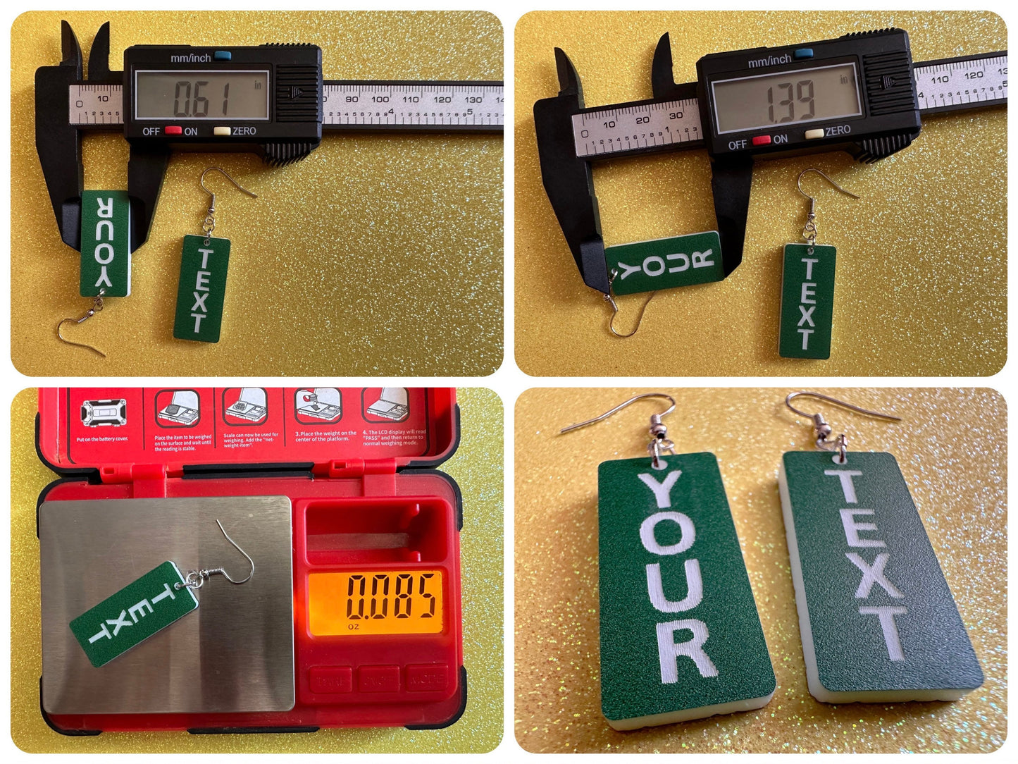 Custom Text Earrings: Laser Engraved Words, Green with White Text, Letters, Names, Teacher Gift, Anniversary, Best Gifts for Her/Him/Them