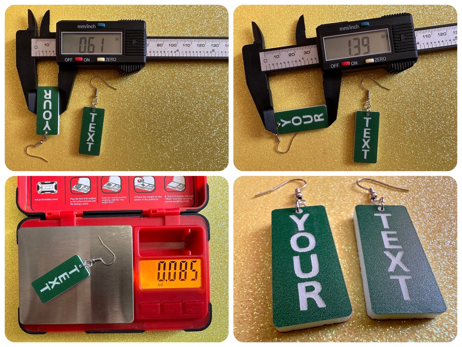 Custom Text Earrings: Laser Engraved Words, Green with White Text, Letters, Names, Teacher Gift, Anniversary, Best Gifts for Her/Him/Them