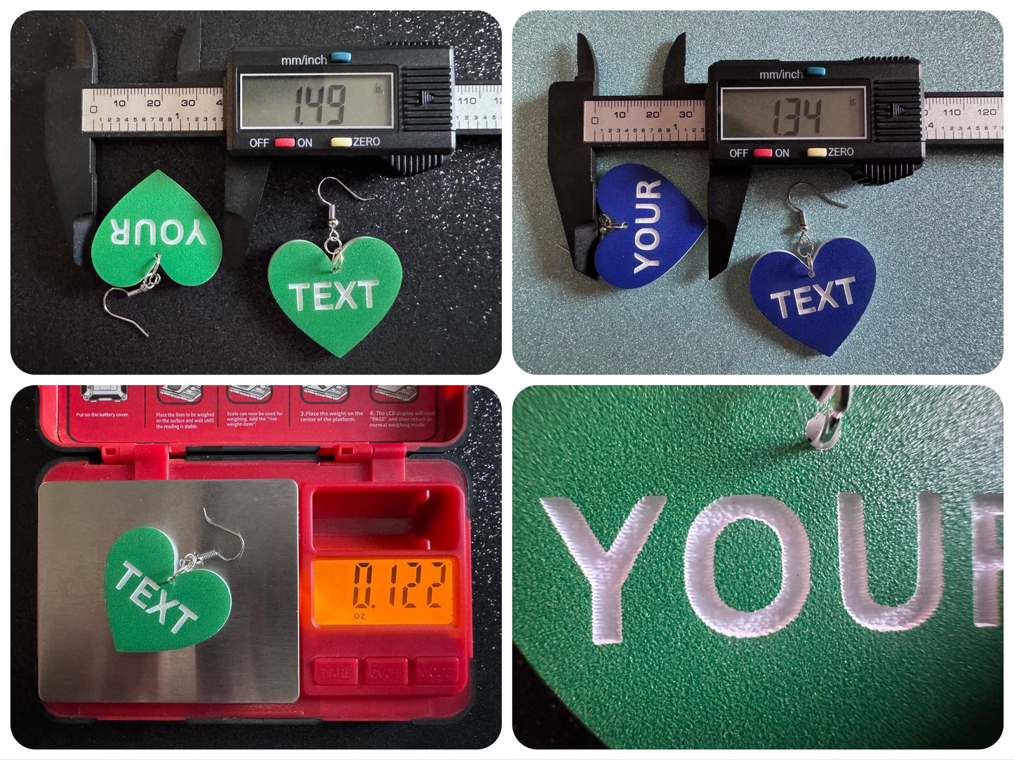 Custom Text Earrings: Laser Engraved Words, Green with White Text, Letters, Names, Teacher Gift, Anniversary, Best Gifts for Her/Him/Them