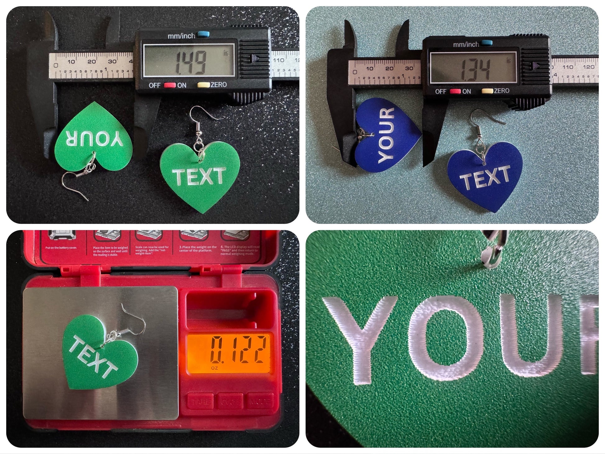 Custom Text Earrings: Laser Engraved Words, Green with White Text, Letters, Names, Teacher Gift, Anniversary, Best Gifts for Her/Him/Them