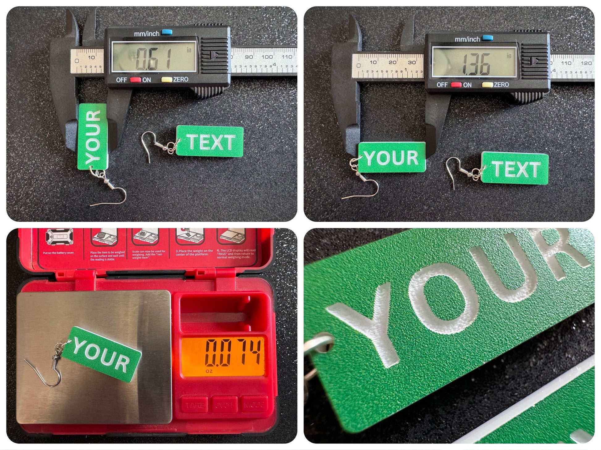 Custom Text Earrings: Laser Engraved Words, Green with White Text, Letters, Names, Teacher Gift, Anniversary, Best Gifts for Her/Him/Them