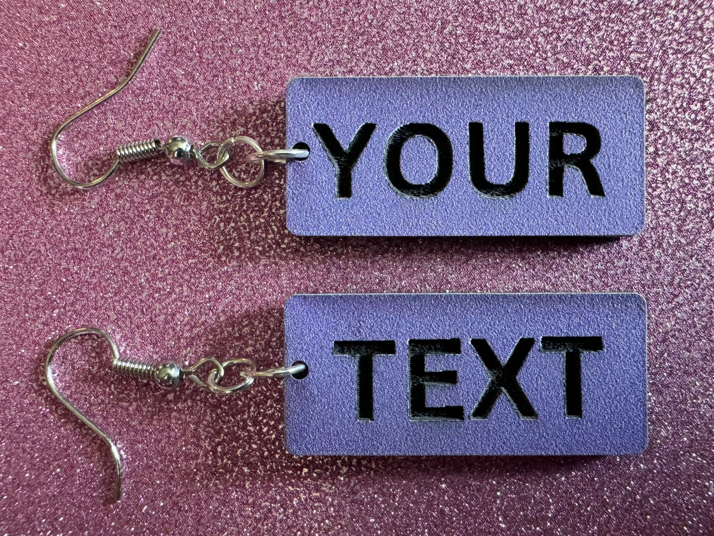 Custom Text Earrings: Laser Engraved Words, Lavender with Black Text, Letters, Names, Teacher Gift, Anniversary, Best Gifts for Her/Him/Them