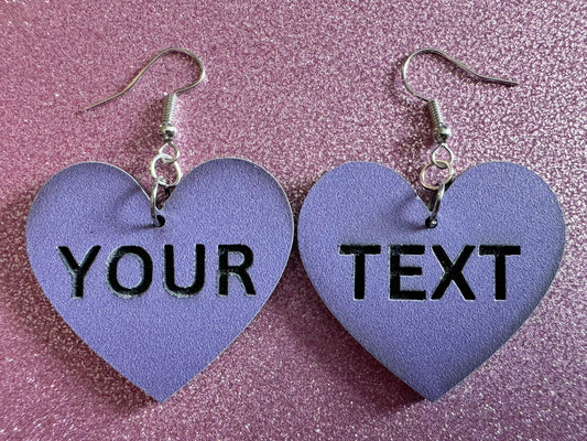 Custom Text Earrings: Laser Engraved Words, Lavender with Black Text, Letters, Names, Teacher Gift, Anniversary, Best Gifts for Her/Him/Them