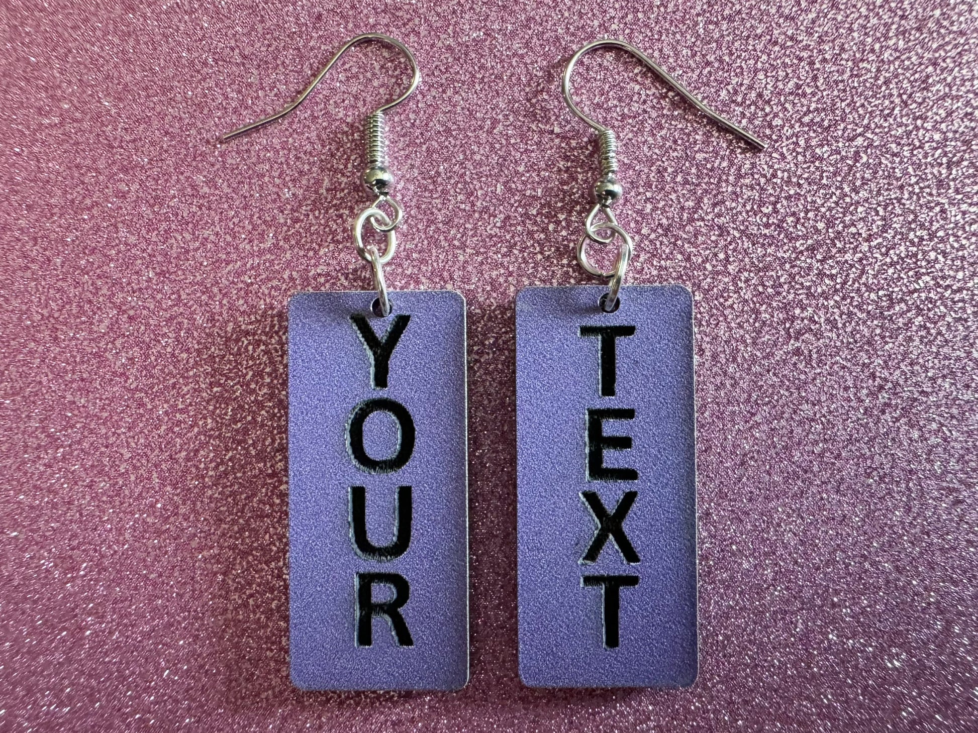 Custom Text Earrings: Laser Engraved Words, Lavender with Black Text, Letters, Names, Teacher Gift, Anniversary, Best Gifts for Her/Him/Them