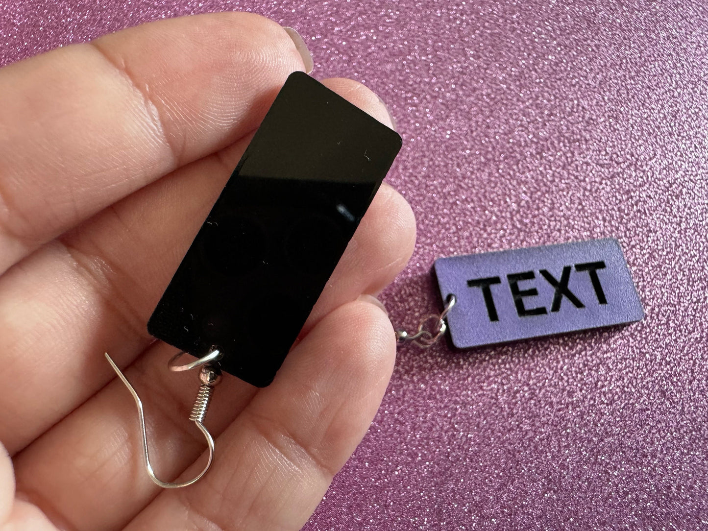 Custom Text Earrings: Laser Engraved Words, Lavender with Black Text, Letters, Names, Teacher Gift, Anniversary, Best Gifts for Her/Him/Them