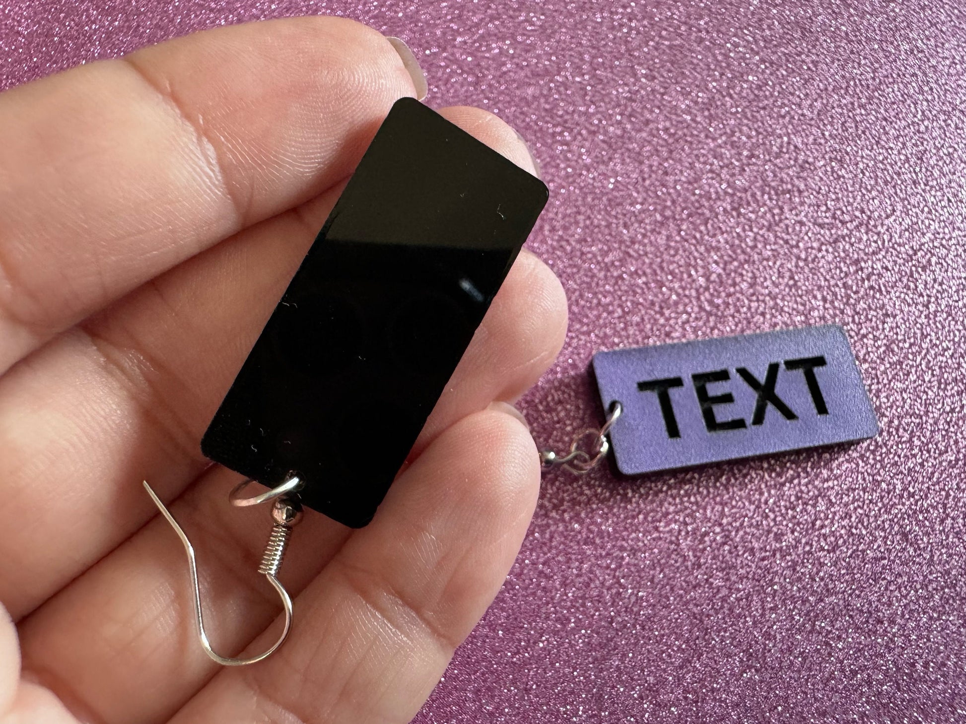 Custom Text Earrings: Laser Engraved Words, Lavender with Black Text, Letters, Names, Teacher Gift, Anniversary, Best Gifts for Her/Him/Them