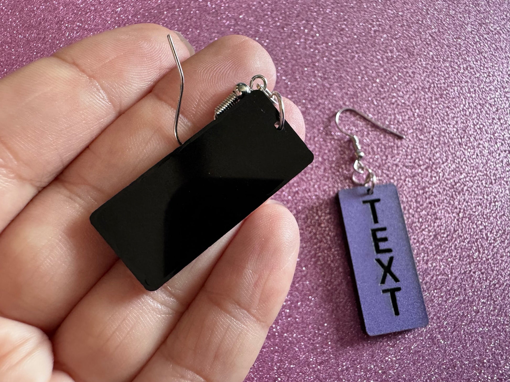 Custom Text Earrings: Laser Engraved Words, Lavender with Black Text, Letters, Names, Teacher Gift, Anniversary, Best Gifts for Her/Him/Them