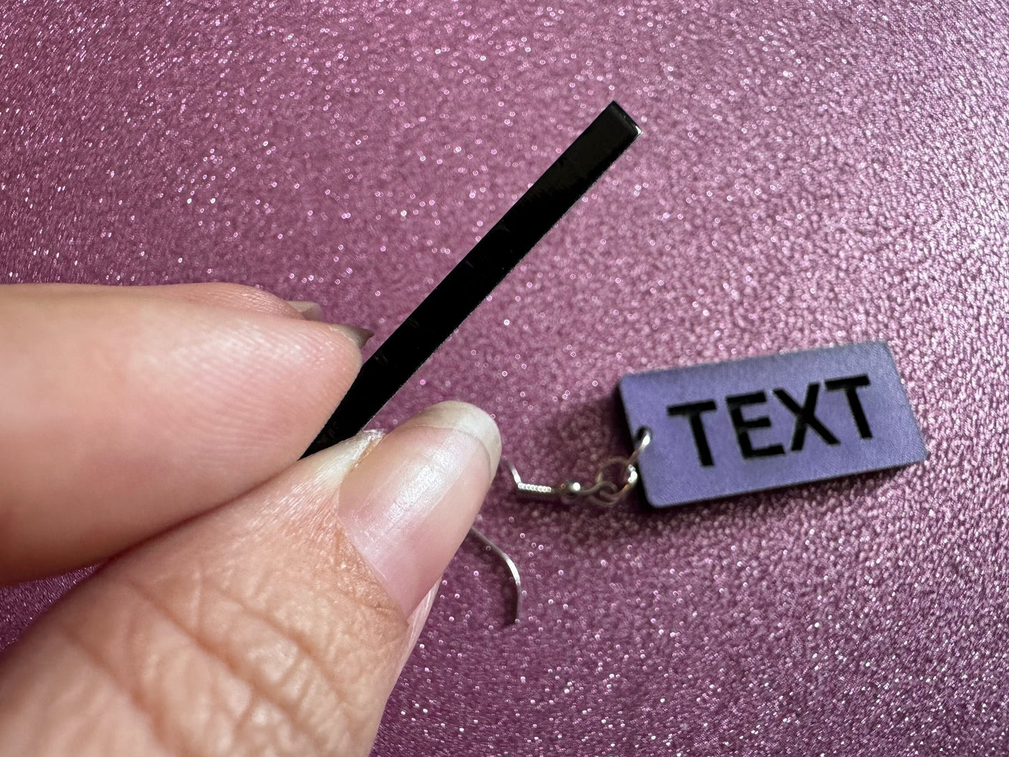 Custom Text Earrings: Laser Engraved Words, Lavender with Black Text, Letters, Names, Teacher Gift, Anniversary, Best Gifts for Her/Him/Them