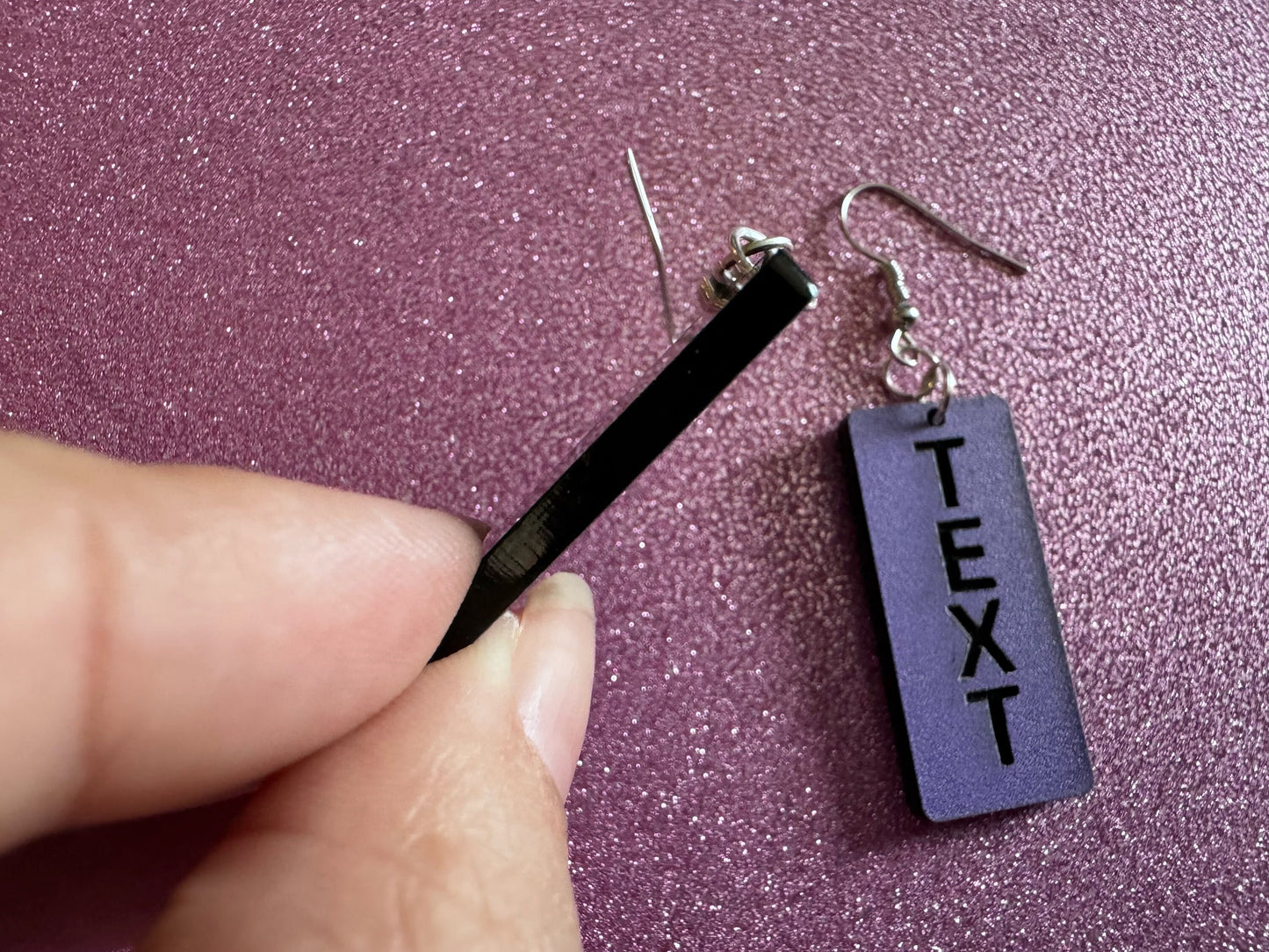 Custom Text Earrings: Laser Engraved Words, Lavender with Black Text, Letters, Names, Teacher Gift, Anniversary, Best Gifts for Her/Him/Them