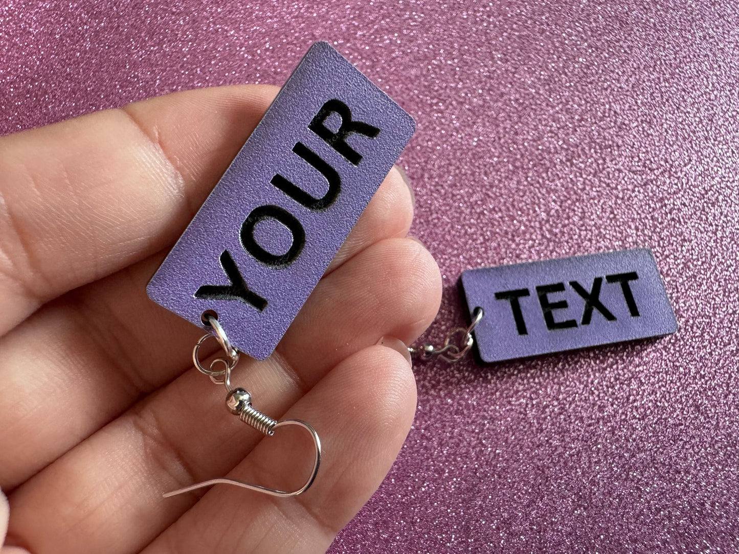 Custom Text Earrings: Laser Engraved Words, Lavender with Black Text, Letters, Names, Teacher Gift, Anniversary, Best Gifts for Her/Him/Them