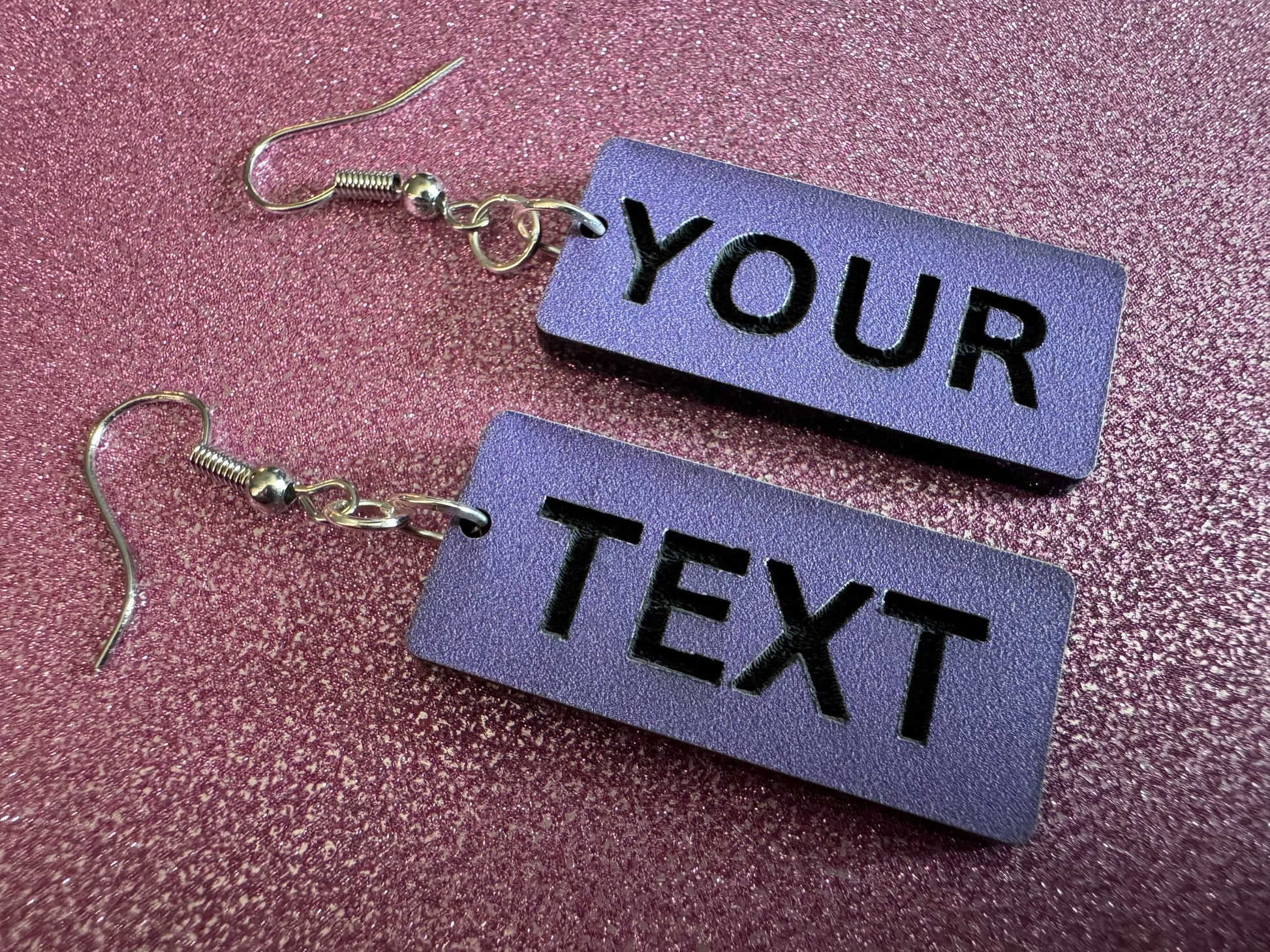Custom Text Earrings: Laser Engraved Words, Lavender with Black Text, Letters, Names, Teacher Gift, Anniversary, Best Gifts for Her/Him/Them