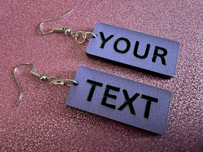 Custom Text Earrings: Laser Engraved Words, Lavender with Black Text, Letters, Names, Teacher Gift, Anniversary, Best Gifts for Her/Him/Them