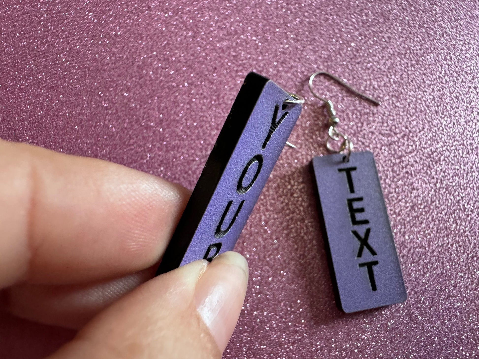 Custom Text Earrings: Laser Engraved Words, Lavender with Black Text, Letters, Names, Teacher Gift, Anniversary, Best Gifts for Her/Him/Them