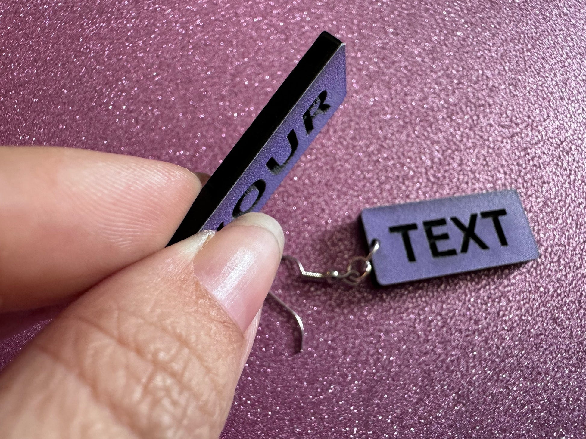 Custom Text Earrings: Laser Engraved Words, Lavender with Black Text, Letters, Names, Teacher Gift, Anniversary, Best Gifts for Her/Him/Them