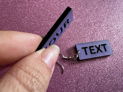 Custom Text Earrings: Laser Engraved Words, Lavender with Black Text, Letters, Names, Teacher Gift, Anniversary, Best Gifts for Her/Him/Them