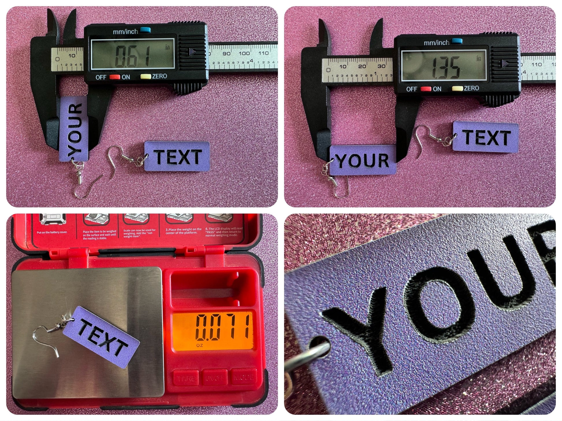 Custom Text Earrings: Laser Engraved Words, Lavender with Black Text, Letters, Names, Teacher Gift, Anniversary, Best Gifts for Her/Him/Them